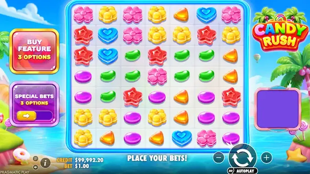 Makulay na interface ng Candy Rush slot game na nagpapakita ng mga candy symbols sa isang 7x7 grid.