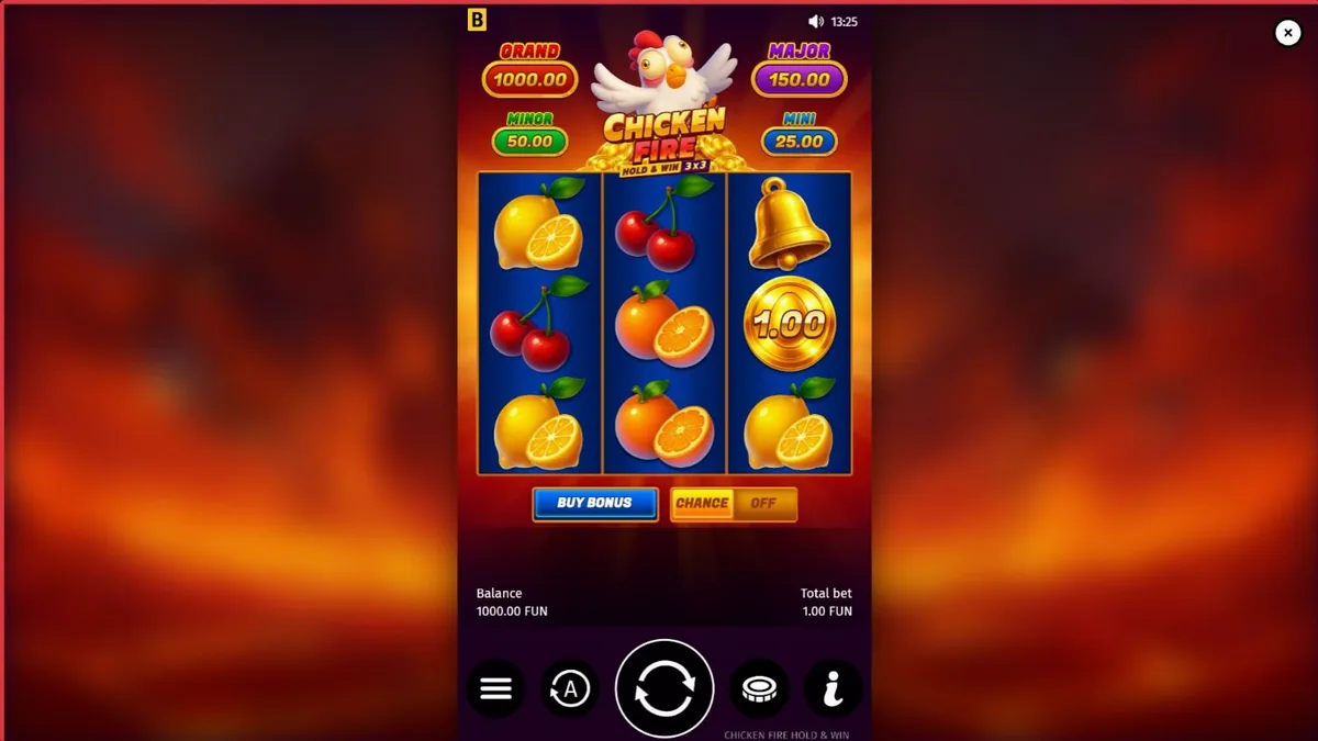 Isang makulay na visual ng Chicken Fire slot na nagpapakita ng cartoon na manok at mga prutas sa isang 3x3 grid.